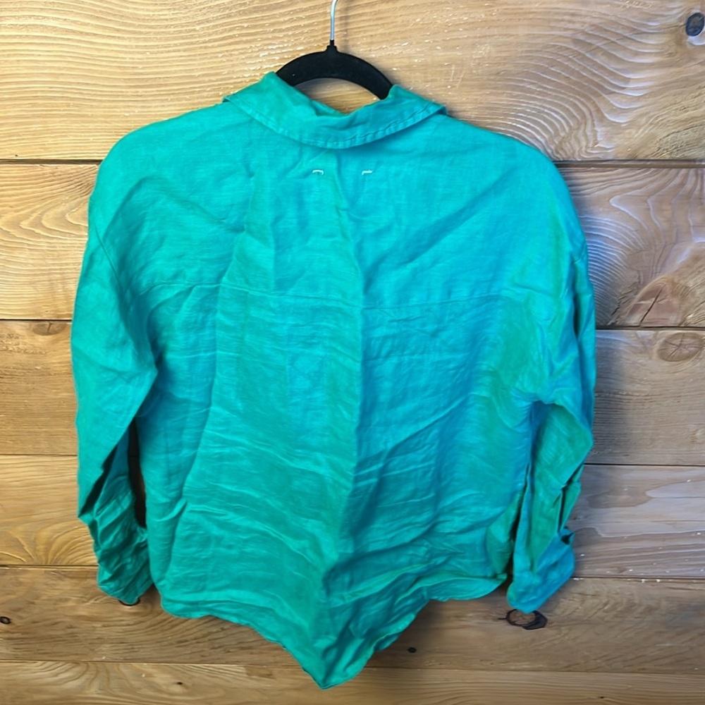 Maeve Anthropologie Womens Green Button Down Shirt Ruched Long Sleeve Md pocket‎ - Picture 9 of 9